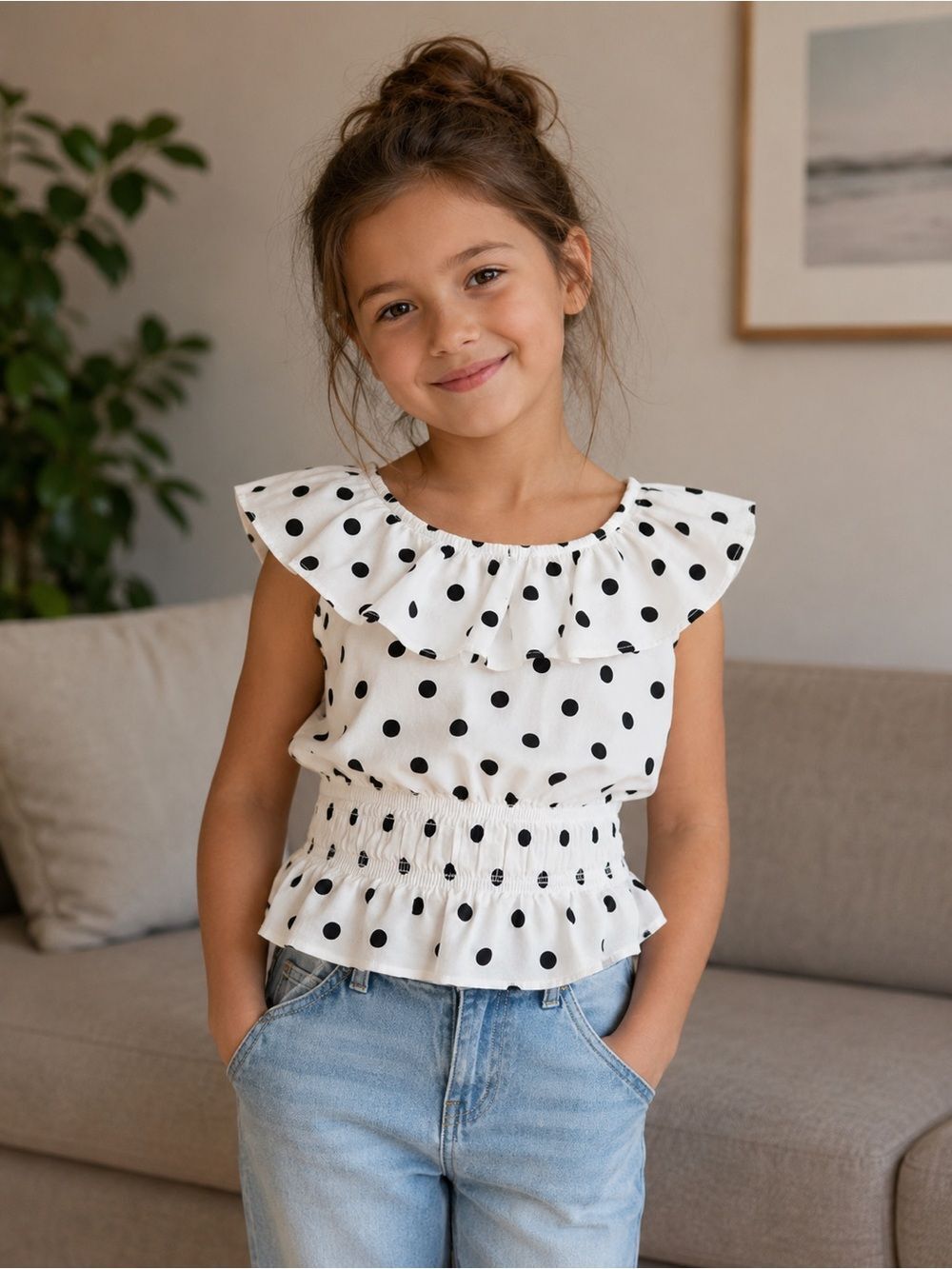 Zara White & Black Polka Dot Ruffle Top for Girls 8
